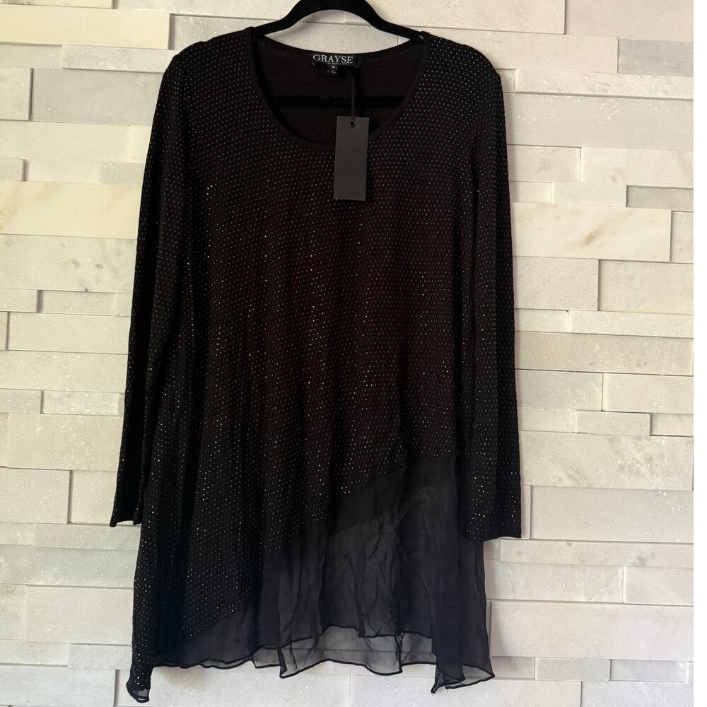 GRAYSE Kelly & Marie Gray NWT Sequin Stud Dot Scoop Neck Flowy Sheer Hem Top S